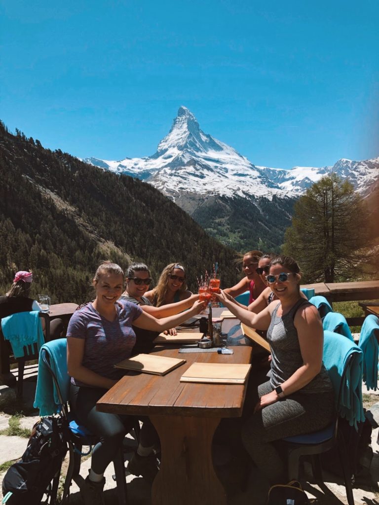 Patio lunch at Enzian on the Gourmetweg trail with views of the Matterhorn Mountain near Zermatt, Switzerland
