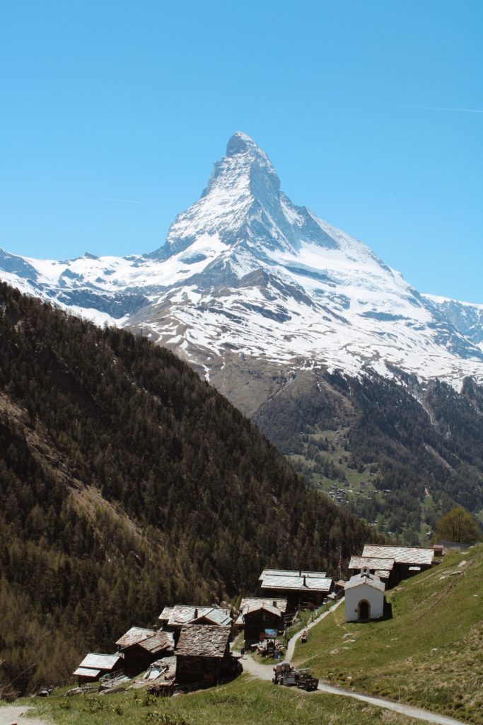 Gourmetweg trail from Sunnegga with views of the Matterhorn Mountain in Zermatt, Switzerland